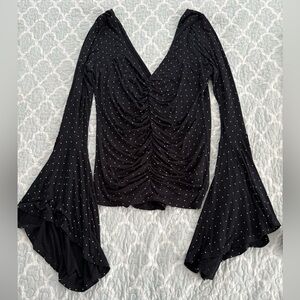 We The Free Black Polka Dot Ruched Bell Sleeve Blouse
